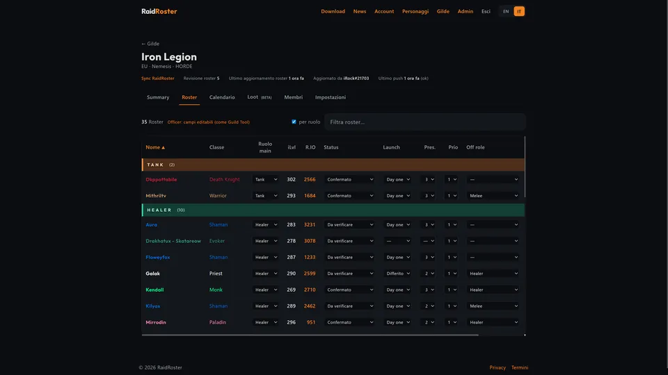 Guild hub Roster tab with roles, iLvl, and status