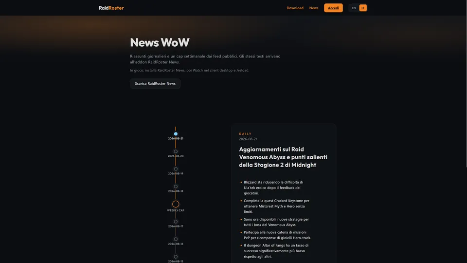 WoW news page with daily and weekly timeline